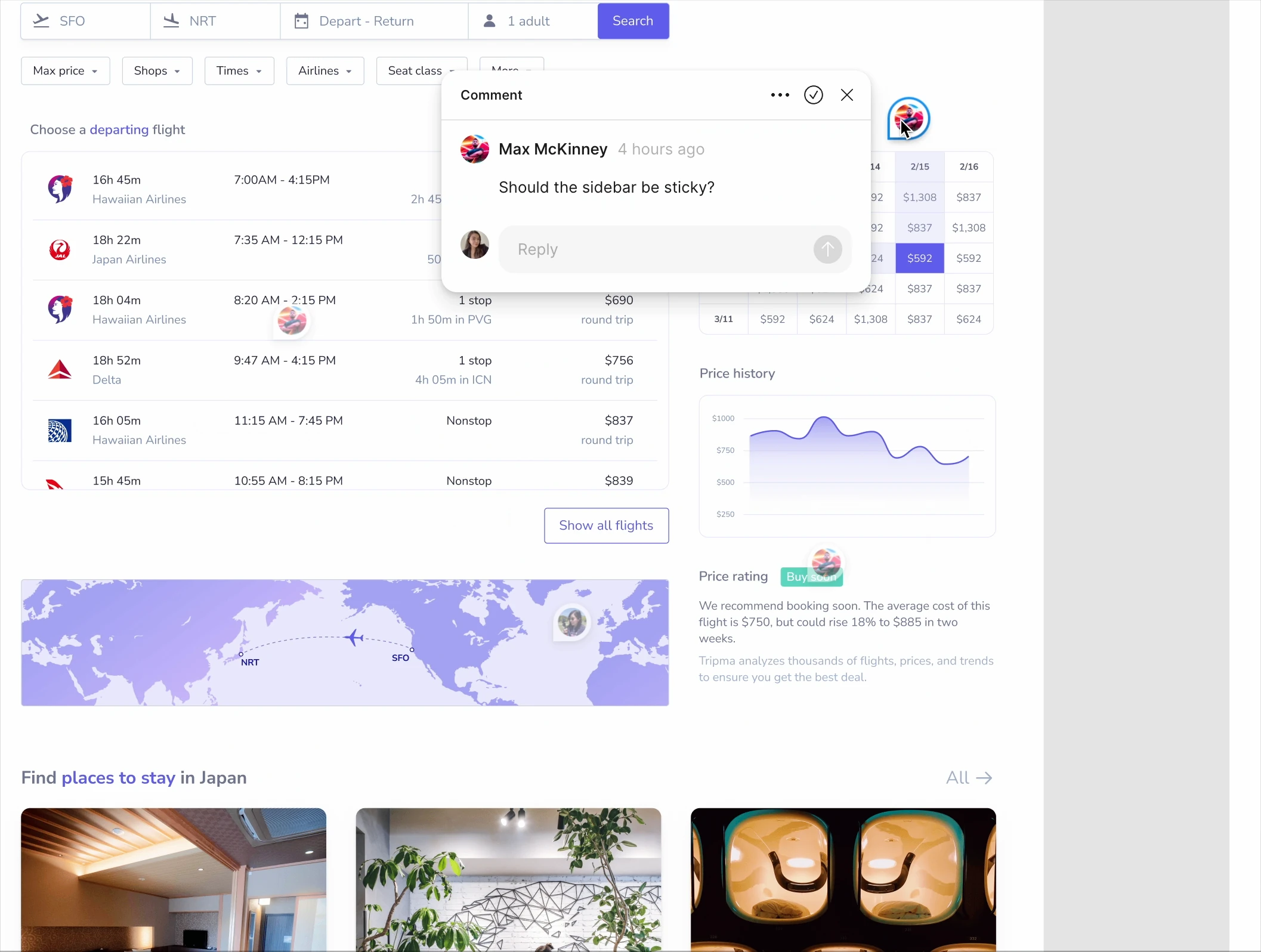 Figma’s design canvas with a comment pin beside an open comment asking whether the sidebar should be sticky