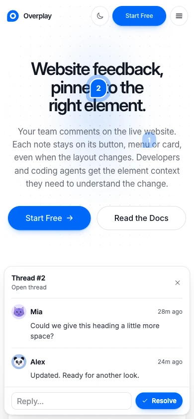 A mobile website review with a pinned comment from Mia and a reply from Alex
