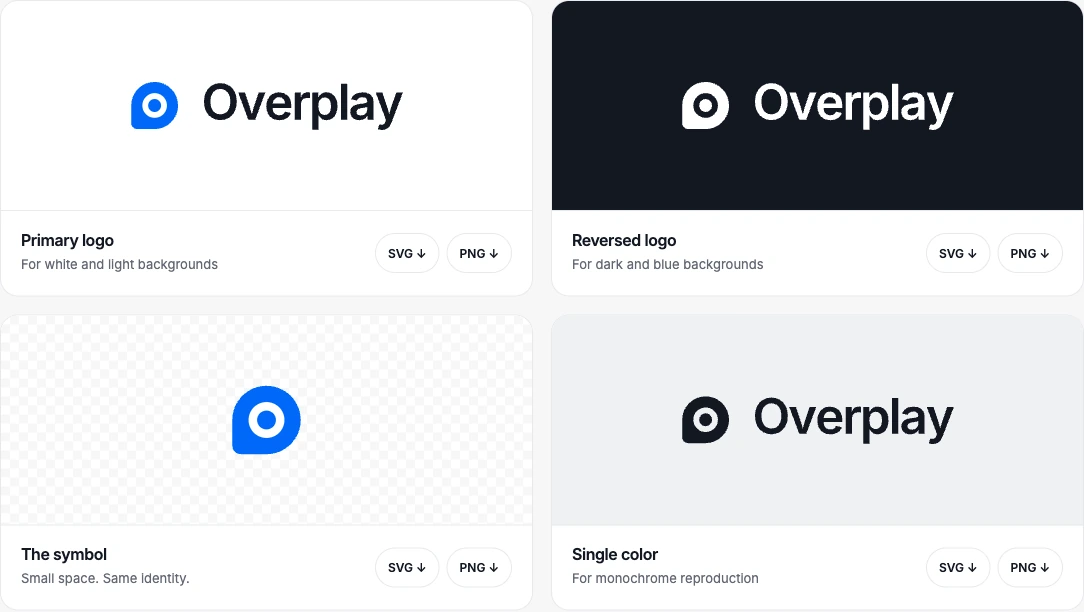 The official Overplay logo in blue, white, symbol-only, and ink versions