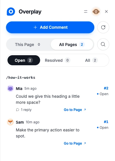 The Overplay comment feed showing open requests from Mia and Sam